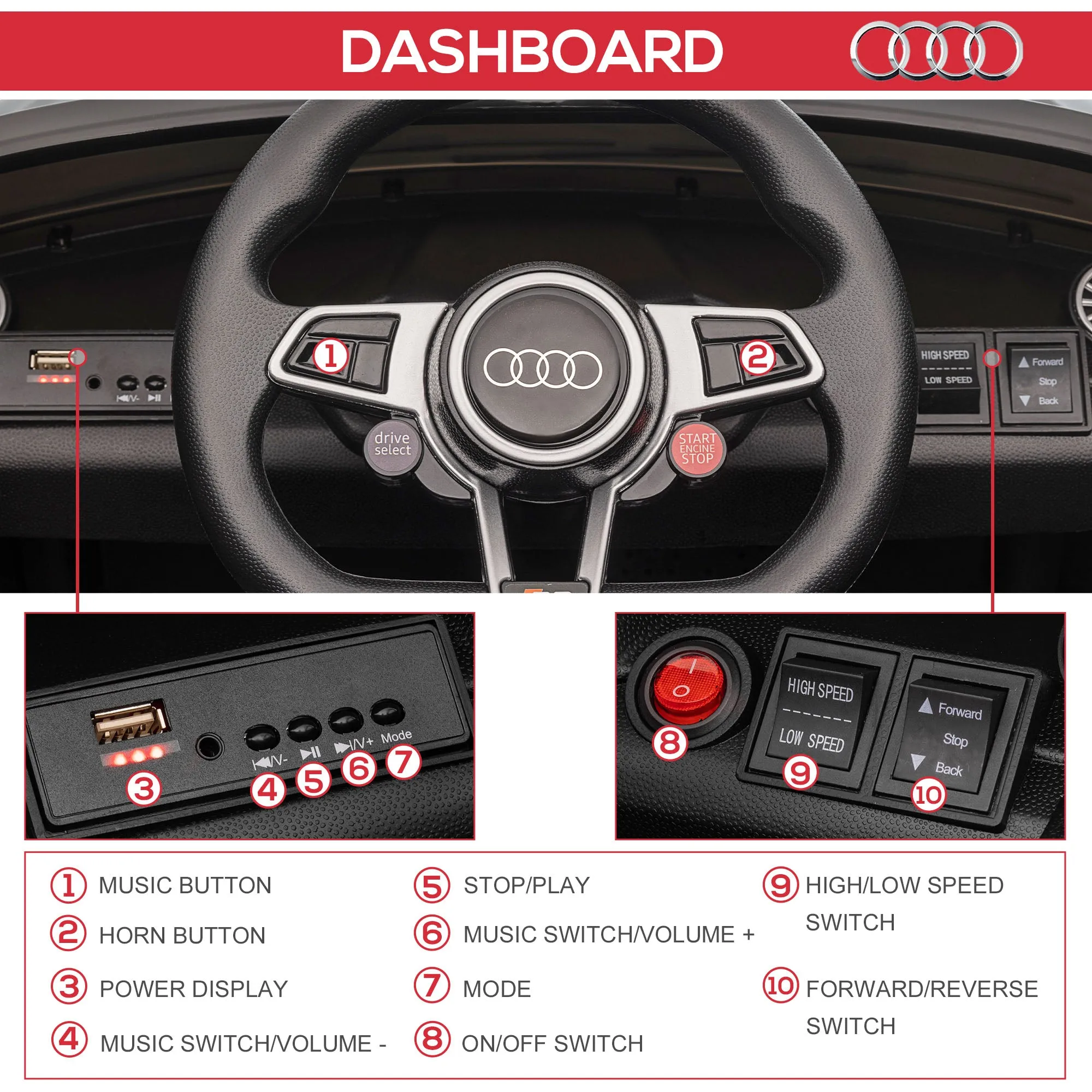 12V Rechargeable Battery Ride On Car w/ Remote Forward Reverse Lights Horn MP3 Player Black w/ Seat Belt Audi TT RS