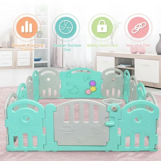 14-Panel Baby Playpen with Music Box & Basketball Hoop-Light Green