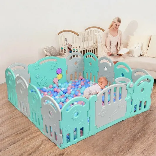 14-Panel Baby Playpen with Music Box & Basketball Hoop-Light Green