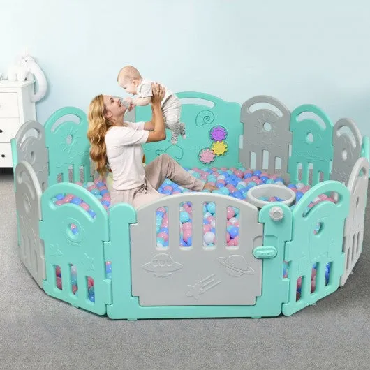 14-Panel Baby Playpen with Music Box & Basketball Hoop-Light Green