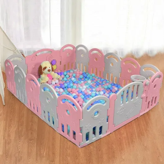 16-Panel Baby Playpen with Music Box & Basketball Hoop-Pink