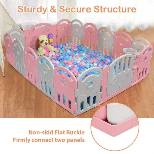 16-Panel Baby Playpen with Music Box & Basketball Hoop-Pink