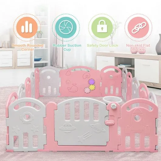 16-Panel Baby Playpen with Music Box & Basketball Hoop-Pink