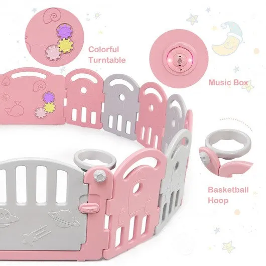 16-Panel Baby Playpen with Music Box & Basketball Hoop-Pink