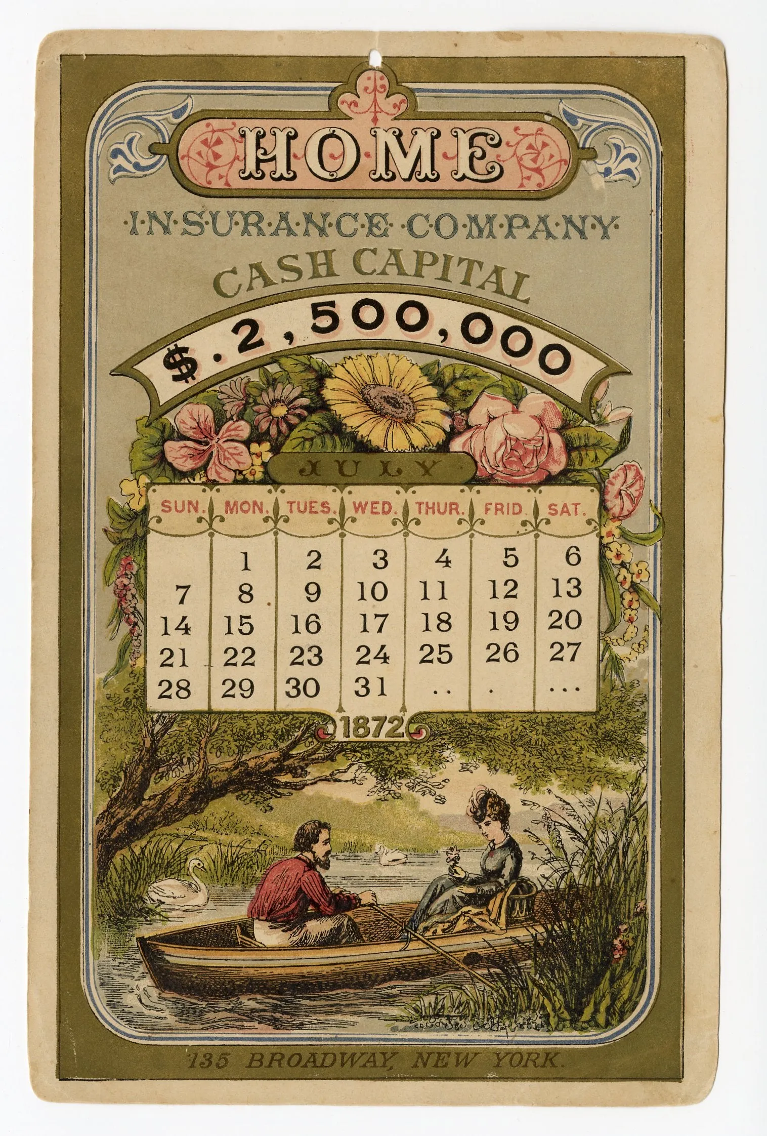 1872 Antique Victorian HOME INSURANCE CO. Promotional 12 Month CALENDAR