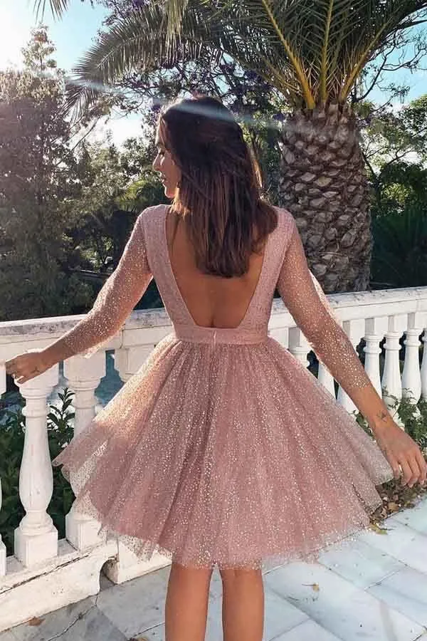 3/4 Sleeves Short Prom Dress Pink Homecoming Dress with Open Back PD330