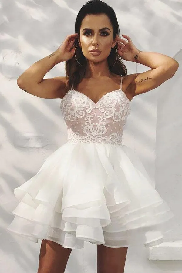 A-Line Spaghetti Straps Tiered White Homecoming Dress with Appliques  PD405