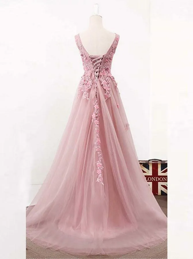 A-Line V-Neck Pink Tulle Prom/Evening Dress with Appliques Beading PG817