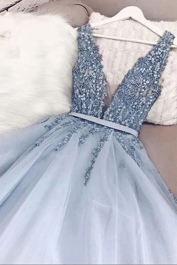 A-line V Neck Plunging Neck Powder Blue Sweep Prom Dress with Beading PM239