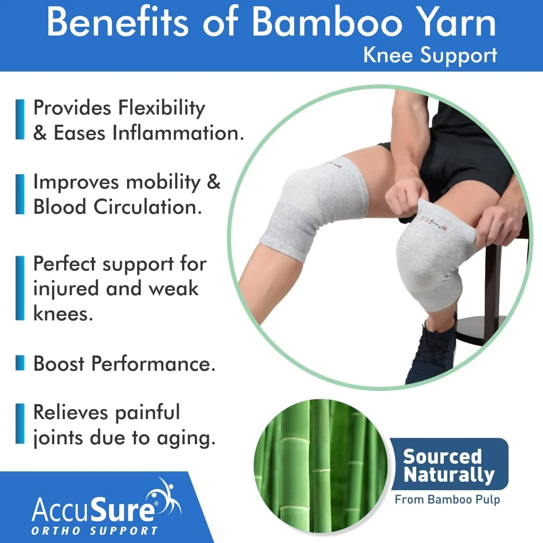 AccuSure Orthopedic Pain Relief Bamboo Yarn Knee Support Cap Brace/Sleeves Pair For Sports, Pain Relief, Knee Compression Support, Exercise, Gym, Running, Cycling, Knee Cap Guard Brace Knee Support For Men And Women-Medium