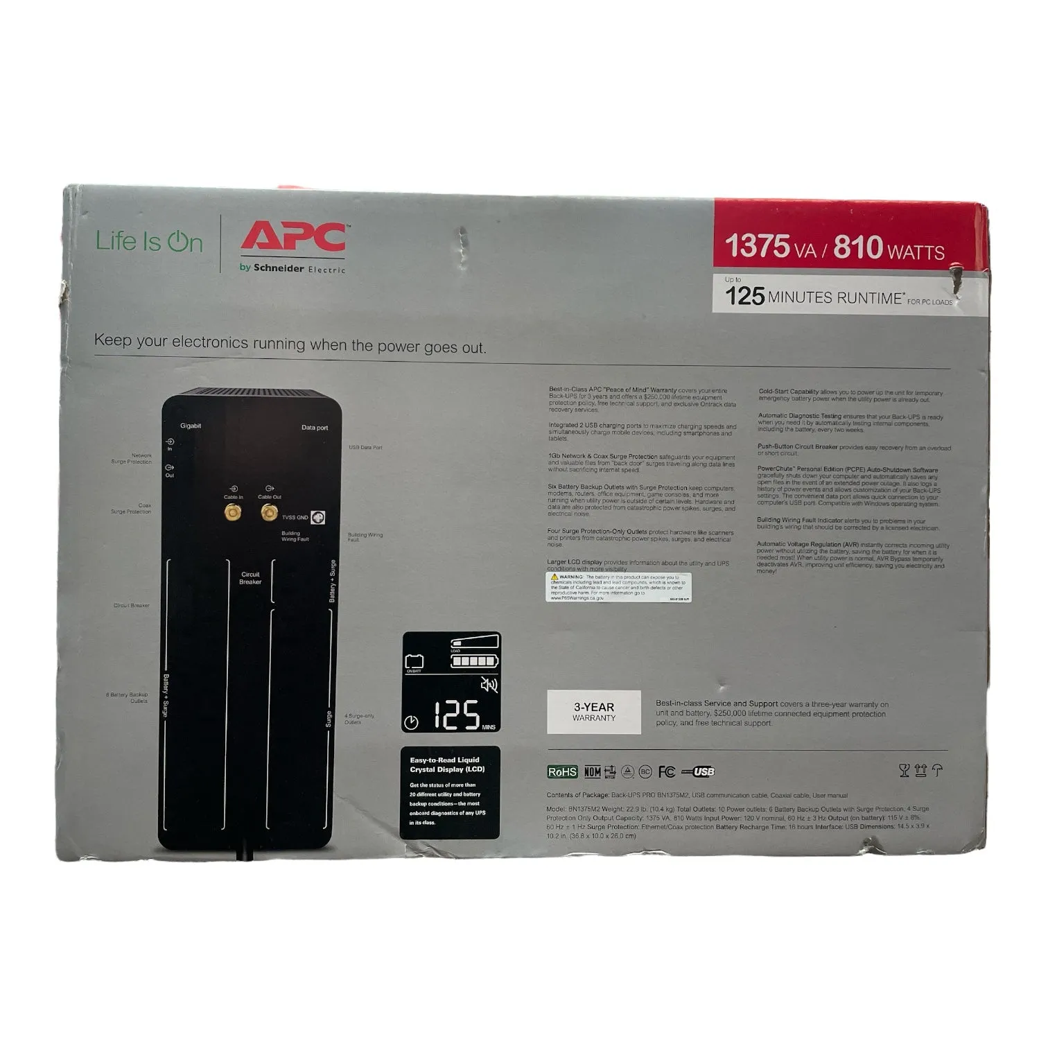 APC Battery Back-UPS Pro Tower 1375VA 10 Outlet 2 USB, Home or Office, BN1375M2