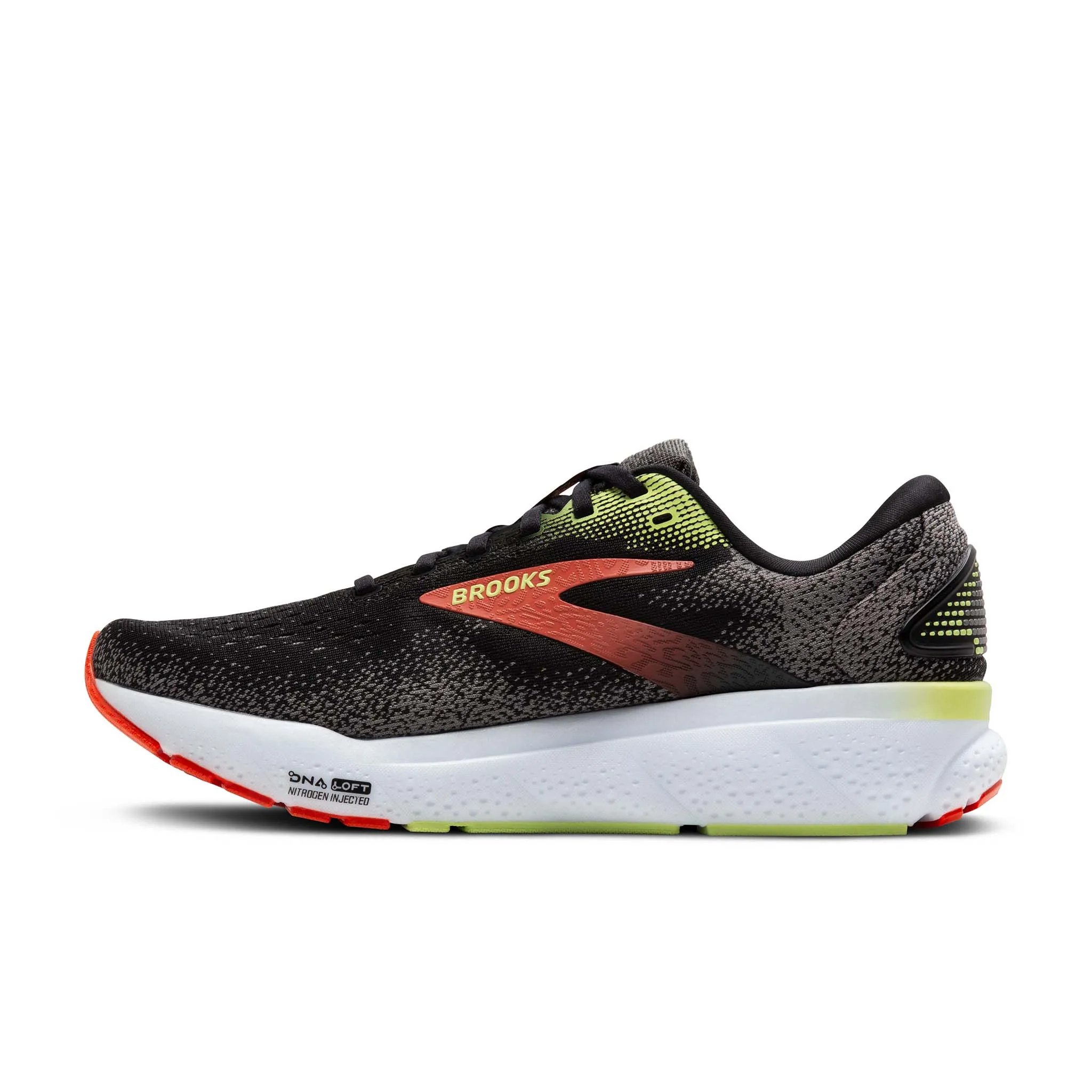 Brooks | Men's Ghost 16 2E Running Shoes - Black/Mandarin Red/Green