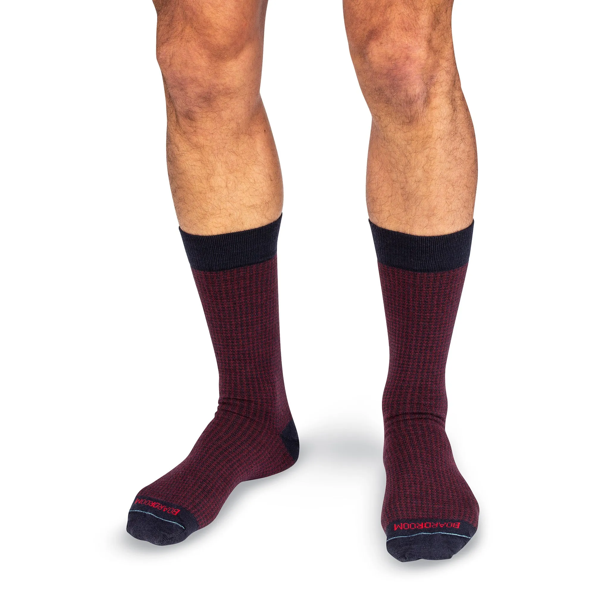 Burgundy and Navy Houndstooth Merino Wool Mid-Calf Dress Socks