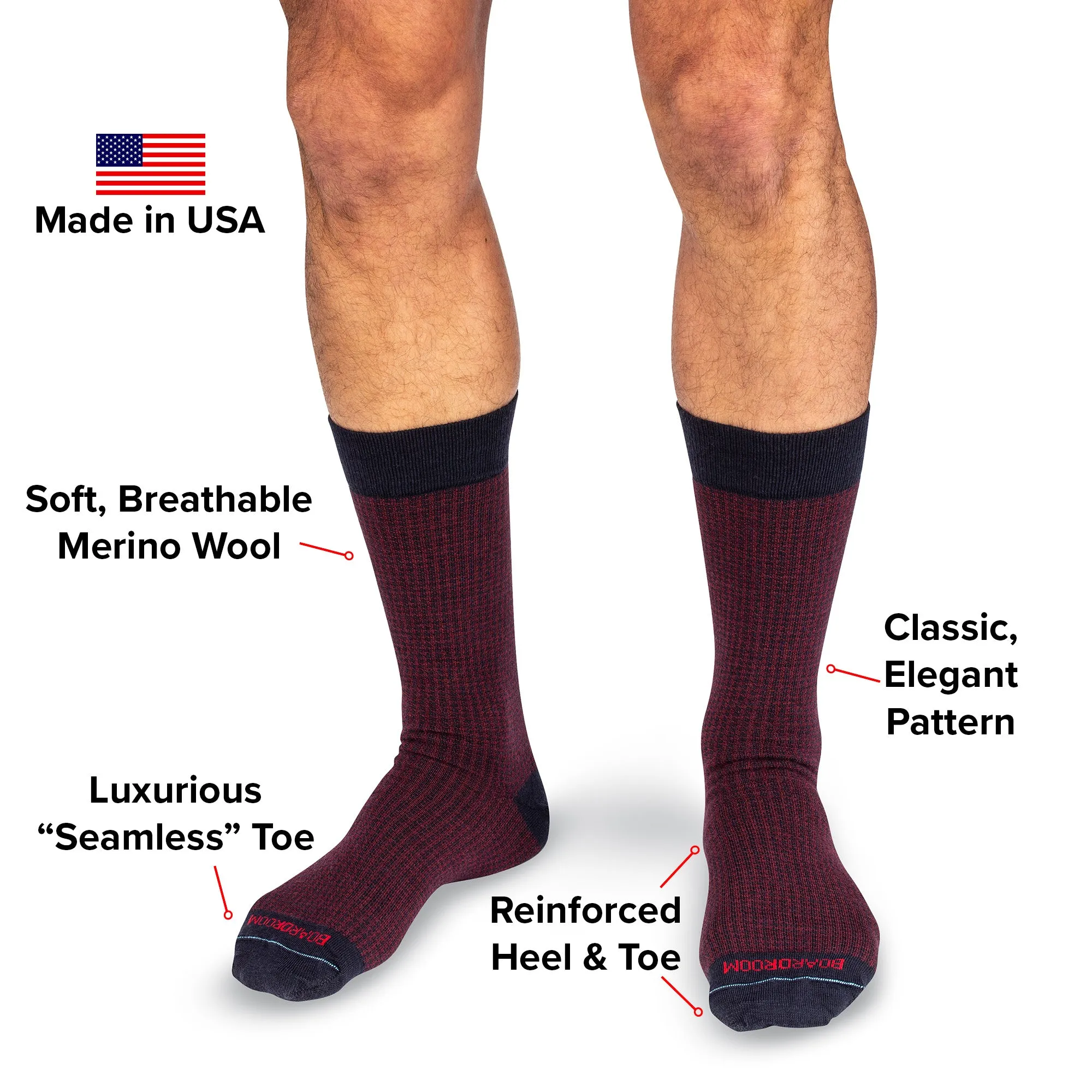 Burgundy and Navy Houndstooth Merino Wool Mid-Calf Dress Socks