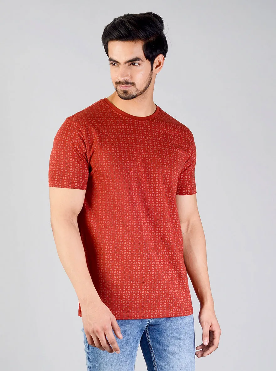 Burnt Red Printed Slim Fit T-shirt | JadeBlue