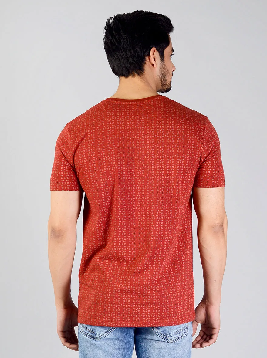 Burnt Red Printed Slim Fit T-shirt | JadeBlue