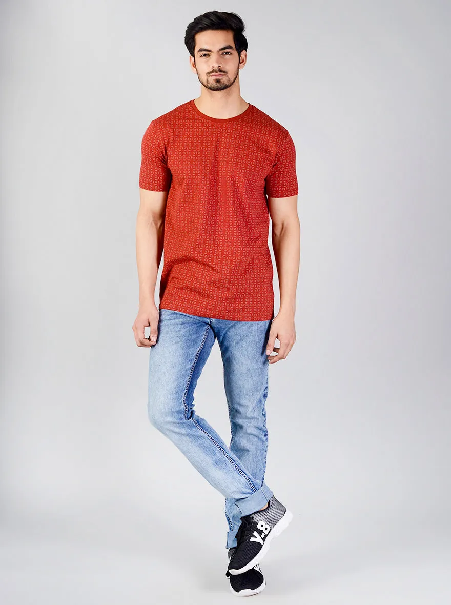 Burnt Red Printed Slim Fit T-shirt | JadeBlue