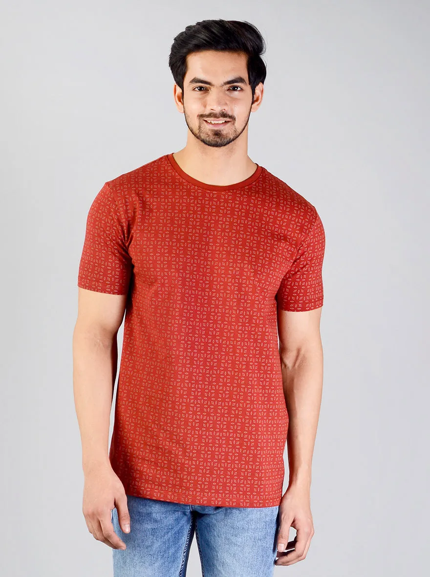 Burnt Red Printed Slim Fit T-shirt | JadeBlue