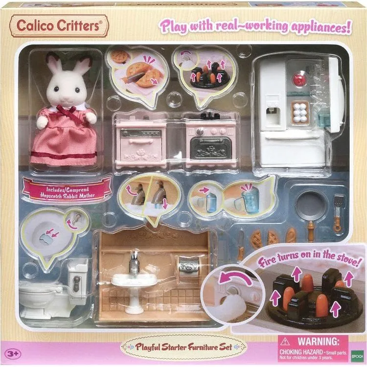 Calico Critters Playful Starter Furniture Set, Dollhouse Furniture Set with Figure and "Working" Appliances