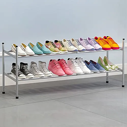 Decdeal Metal Shoe Rack 2-Tier Shoe Organizer Shelves Space Saving Adjustable Large Capacity Telescopic Shoe Shelf