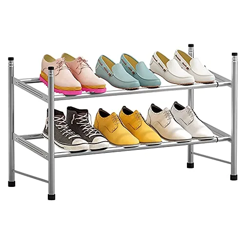 Decdeal Metal Shoe Rack 2-Tier Shoe Organizer Shelves Space Saving Adjustable Large Capacity Telescopic Shoe Shelf