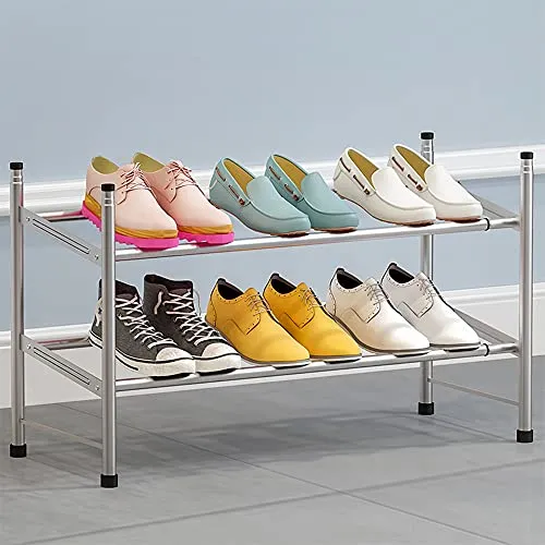 Decdeal Metal Shoe Rack 2-Tier Shoe Organizer Shelves Space Saving Adjustable Large Capacity Telescopic Shoe Shelf