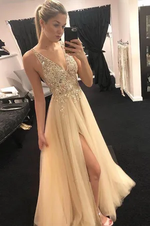 Elegant A Line V Neck Open Back Split Yellow Beaded Long Prom Dresses PG716