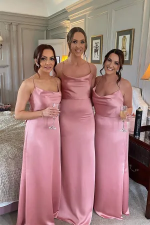 Elegant Straps Pink Floor Lenght Long Bridesmaid Dress BD108