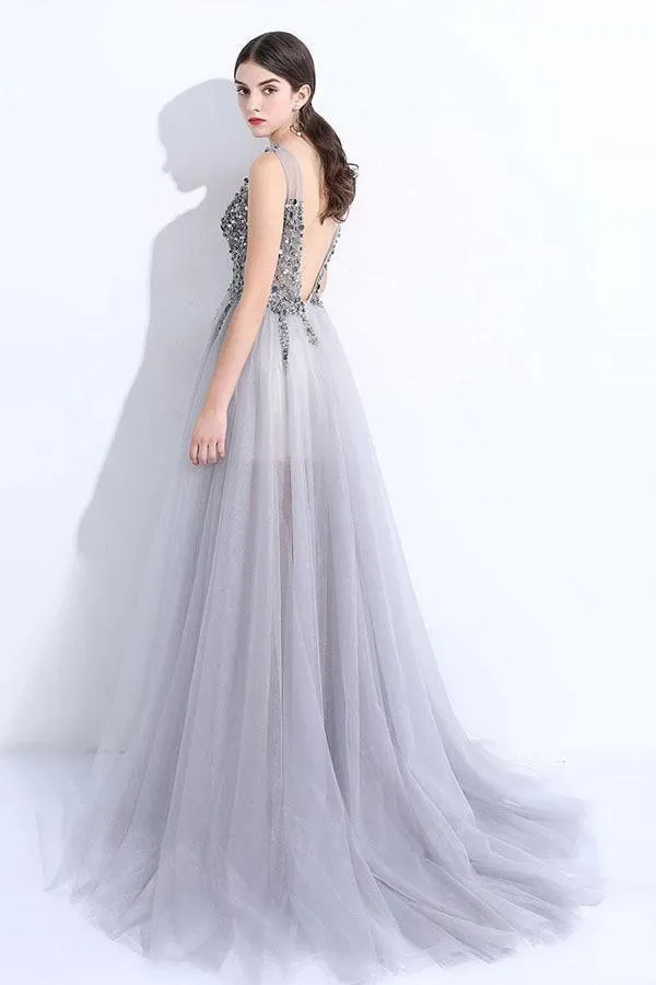 Gray A-line V Neck Tulle Split Prom Evening Dresses With Beading  PG674