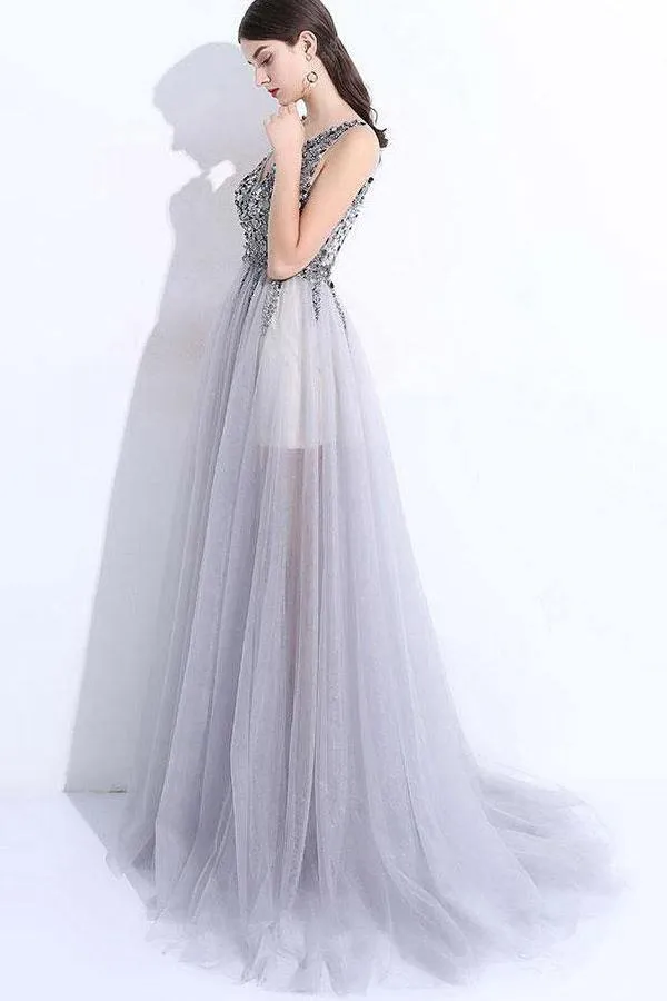 Gray A-line V Neck Tulle Split Prom Evening Dresses With Beading  PG674