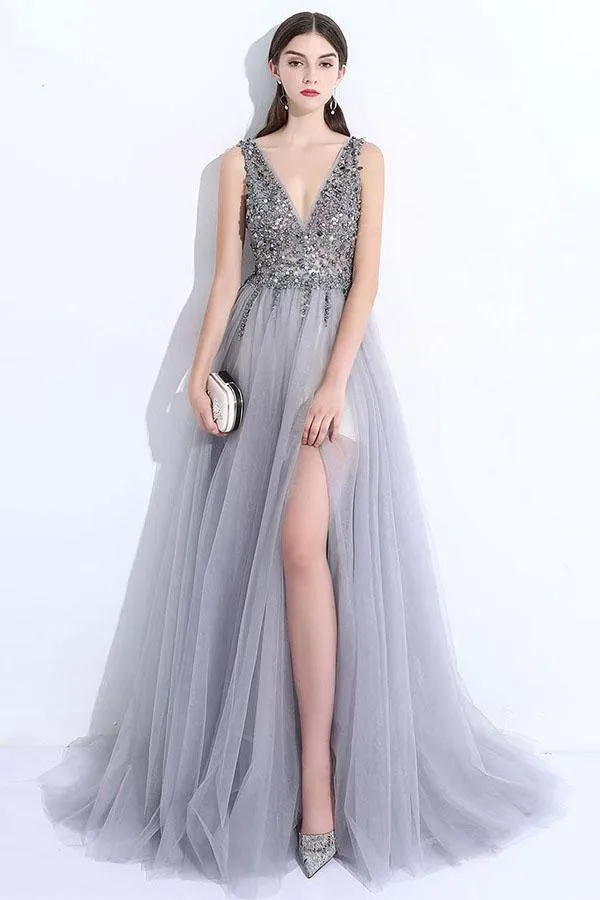 Gray A-line V Neck Tulle Split Prom Evening Dresses With Beading  PG674