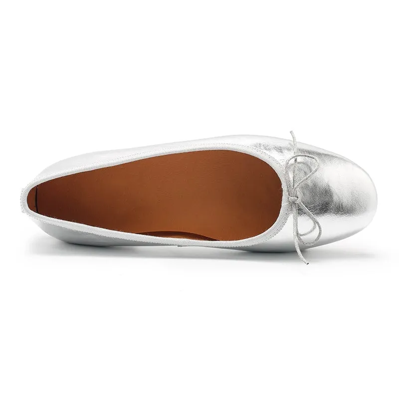 Handmade Soft Leather Flats With Bowknot Details in Golden/Silver/Black