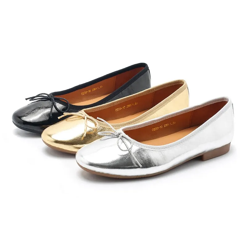 Handmade Soft Leather Flats With Bowknot Details in Golden/Silver/Black