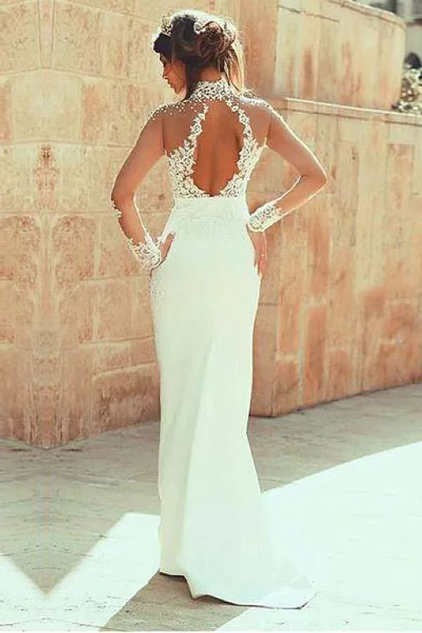 High Neckline Sheath Wedding Dresses With Beaded Lace Appliques WD191