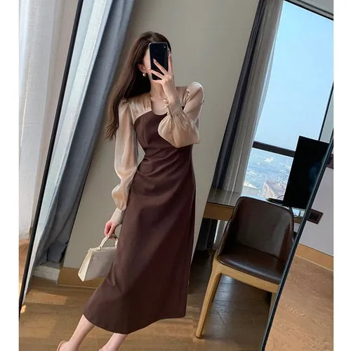 Joskaa Black Friday Sales Autumn Vintage Long Sleeve Midi Dress Women Elegant Office Lady V-Neck Puff Sleeve Dress Korean Sexy Split Evening Party Dress