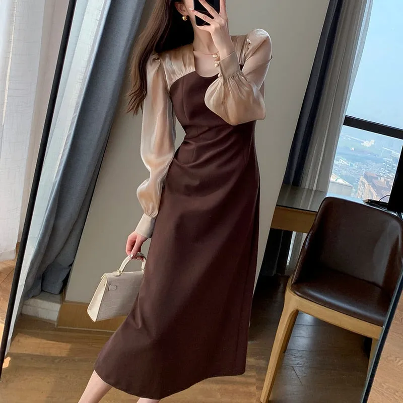 Joskaa Black Friday Sales Autumn Vintage Long Sleeve Midi Dress Women Elegant Office Lady V-Neck Puff Sleeve Dress Korean Sexy Split Evening Party Dress