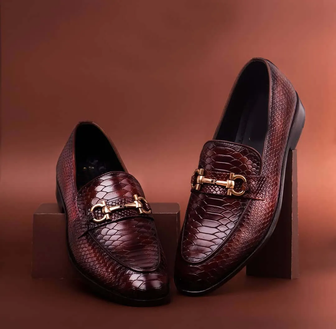 Men's Burgundy Stylish Python Leather Handmade Loafer Shoes