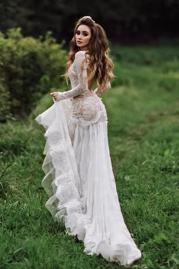 Mermaid Backless Long sleeves Lace Bohemian Wedding Dresses WD733