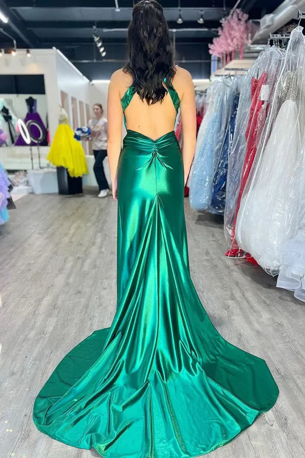 Mermaid Halter Satin Dark Green Long Prom Dress with Beads PSK601