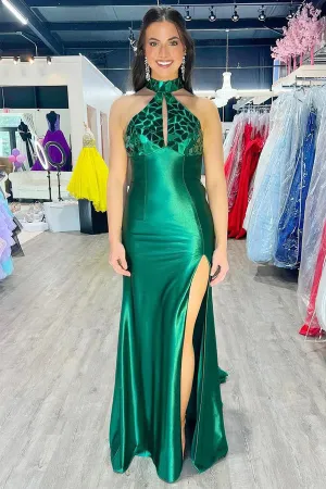 Mermaid Halter Satin Dark Green Long Prom Dress with Beads PSK601