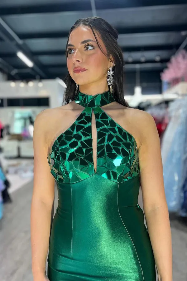 Mermaid Halter Satin Dark Green Long Prom Dress with Beads PSK601