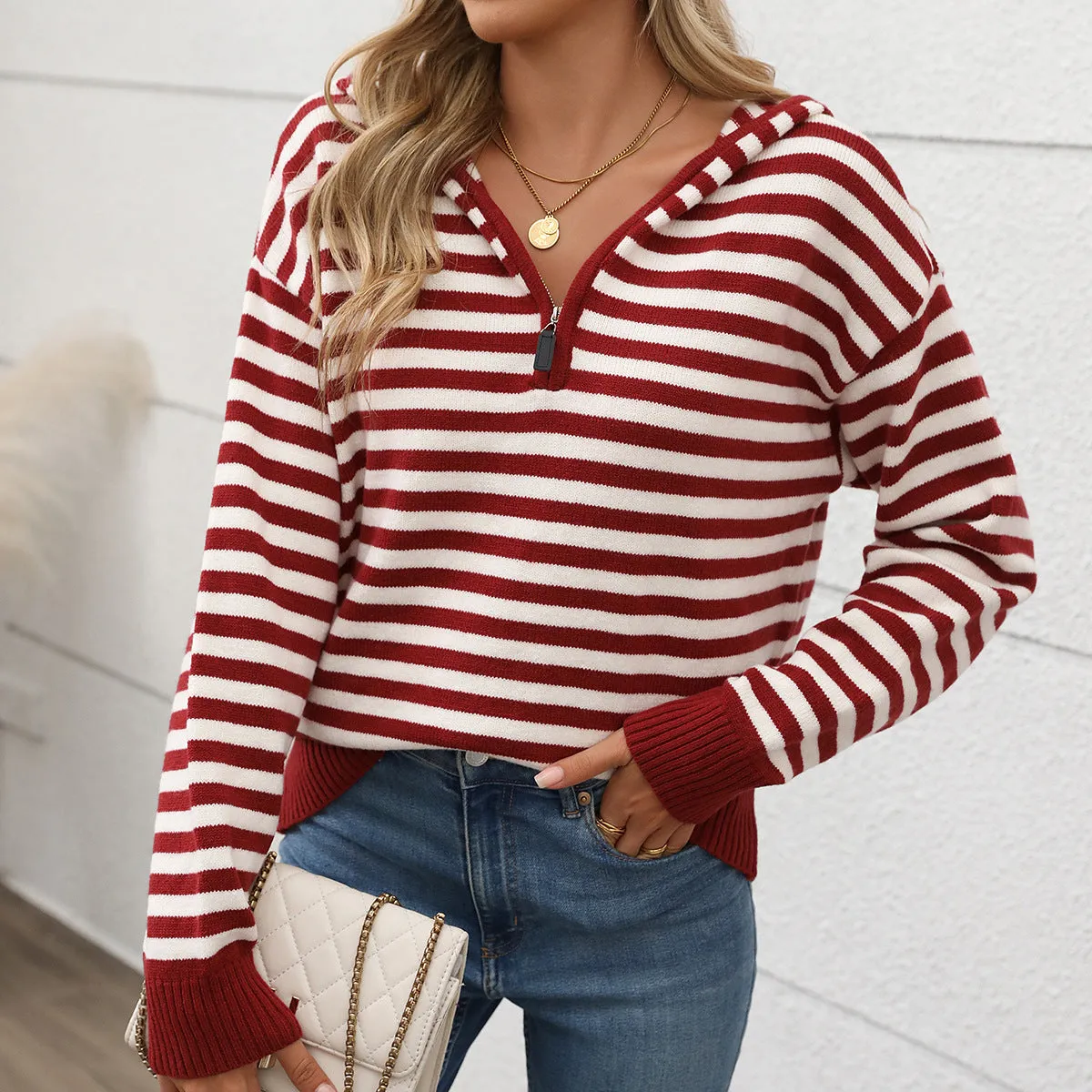 METAVERSMALL 2025  foreign trade women's clothing autumn v-neck striped pullover knitted sweater ins Korean style Christmas hooded sweater women