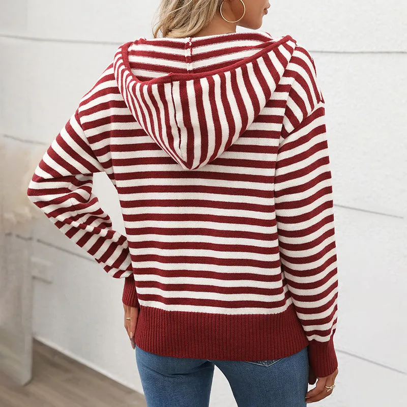 METAVERSMALL 2025  foreign trade women's clothing autumn v-neck striped pullover knitted sweater ins Korean style Christmas hooded sweater women