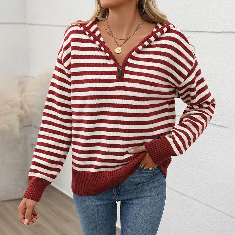 METAVERSMALL 2025  foreign trade women's clothing autumn v-neck striped pullover knitted sweater ins Korean style Christmas hooded sweater women