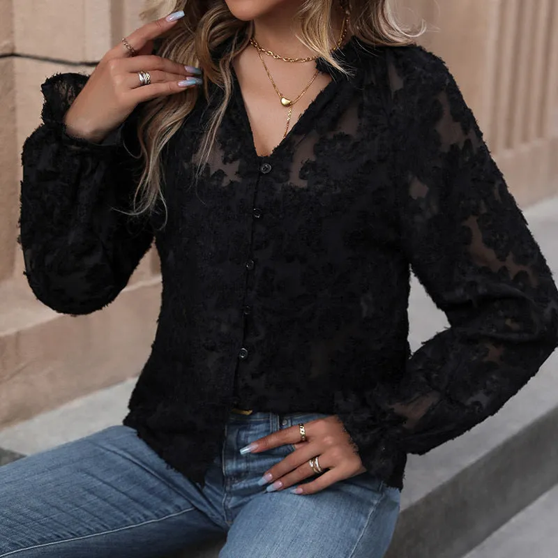 METAVERSMALL 2025  lace splicing long-sleeved V-neck shirt New autumn popular women's shirt spot