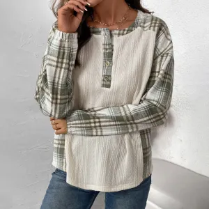 METAVERSMALL 2025 women's clothing autumn and winter new plaid splicing long-sleeved T-shirt  round neck pullover T-shirt top women