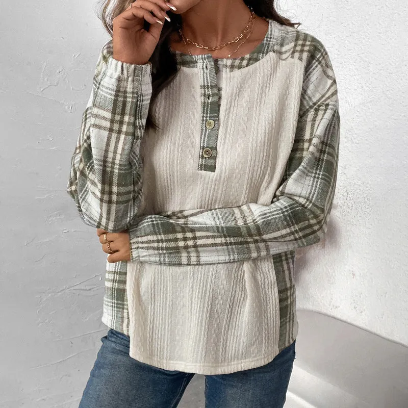 METAVERSMALL 2025 women's clothing autumn and winter new plaid splicing long-sleeved T-shirt  round neck pullover T-shirt top women