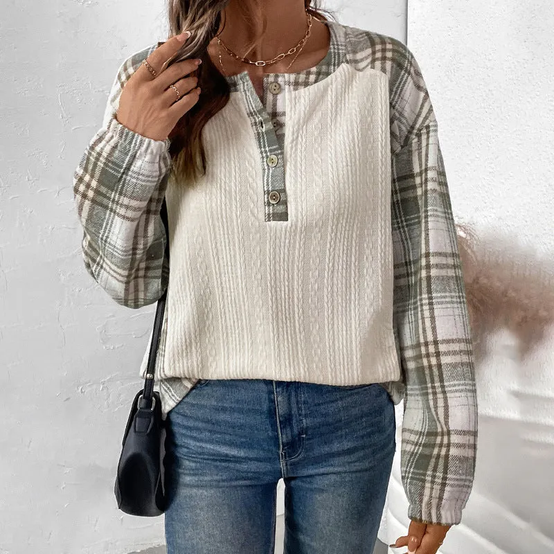 METAVERSMALL 2025 women's clothing autumn and winter new plaid splicing long-sleeved T-shirt  round neck pullover T-shirt top women