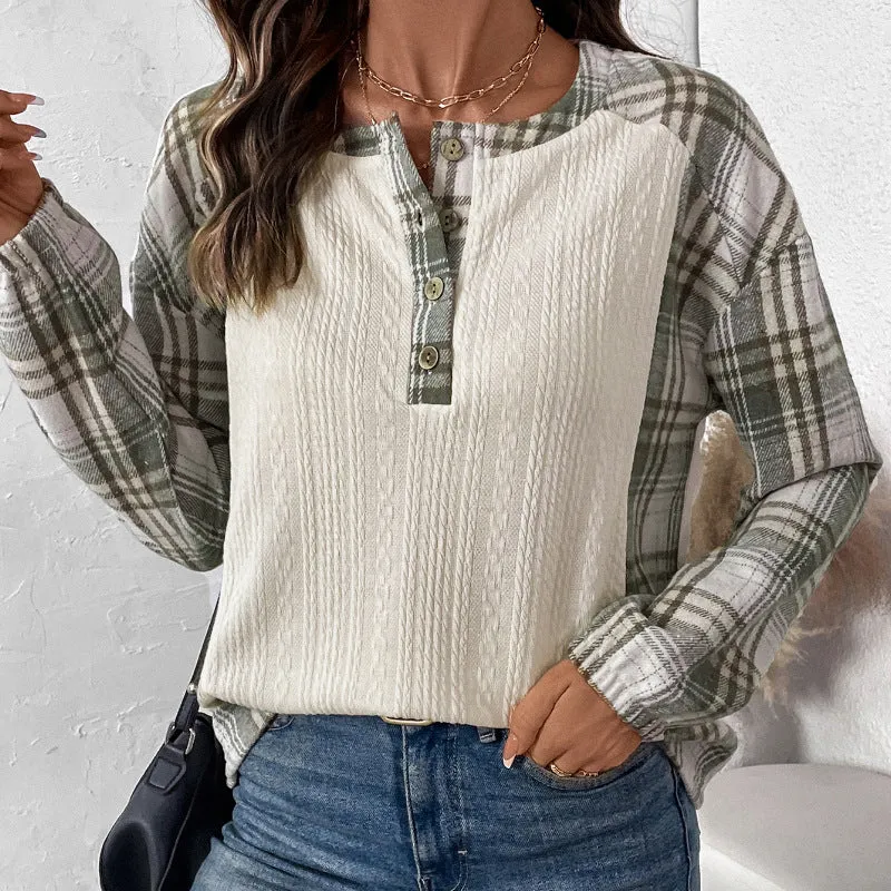 METAVERSMALL 2025 women's clothing autumn and winter new plaid splicing long-sleeved T-shirt  round neck pullover T-shirt top women