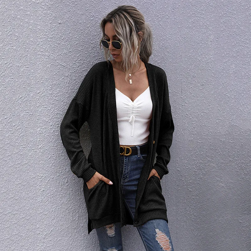 METAVERSMALL women's clothing New autumn and winter knitted lazy wind long-sleeved v-neck cardigan medium and long sweater jacket